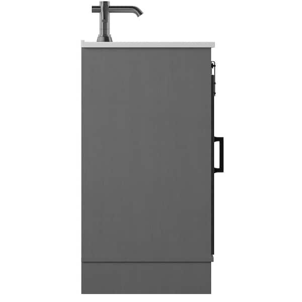 36 in. x 18.13 in. D Bath Vanity in Antique Gray with Vitreous China Vanity Top in White with White Basin and Barn Door