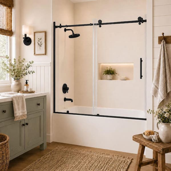 Cleo 60 in. W x 60 in. H Sliding Semi-Frameless Tub Door in Matte Black Finish with Clear Tempered Glass