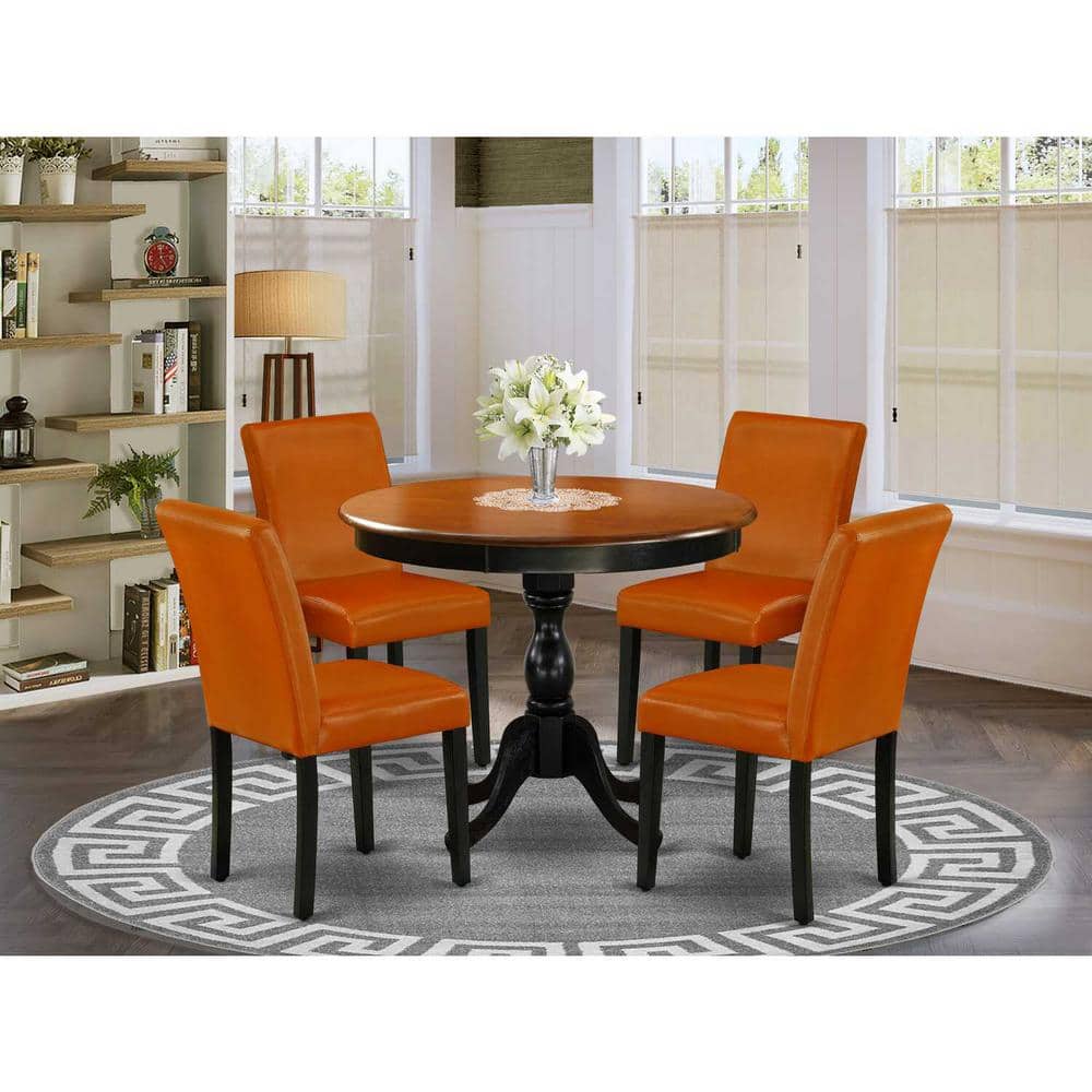 Cherry Round Dining Table with 4 Baked Bean PU Leather Chairs