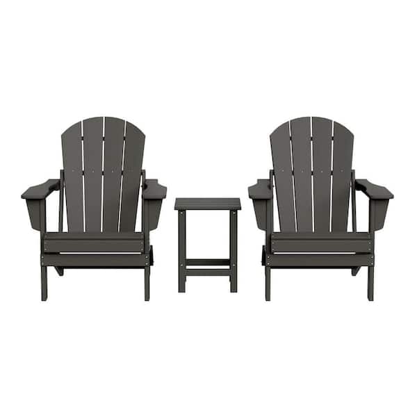 Laguna 3-Piece Fade Resistant Outdoor Patio HDPE Poly Plastic Folding Adirondack Chair Set with Side Table in Gray
