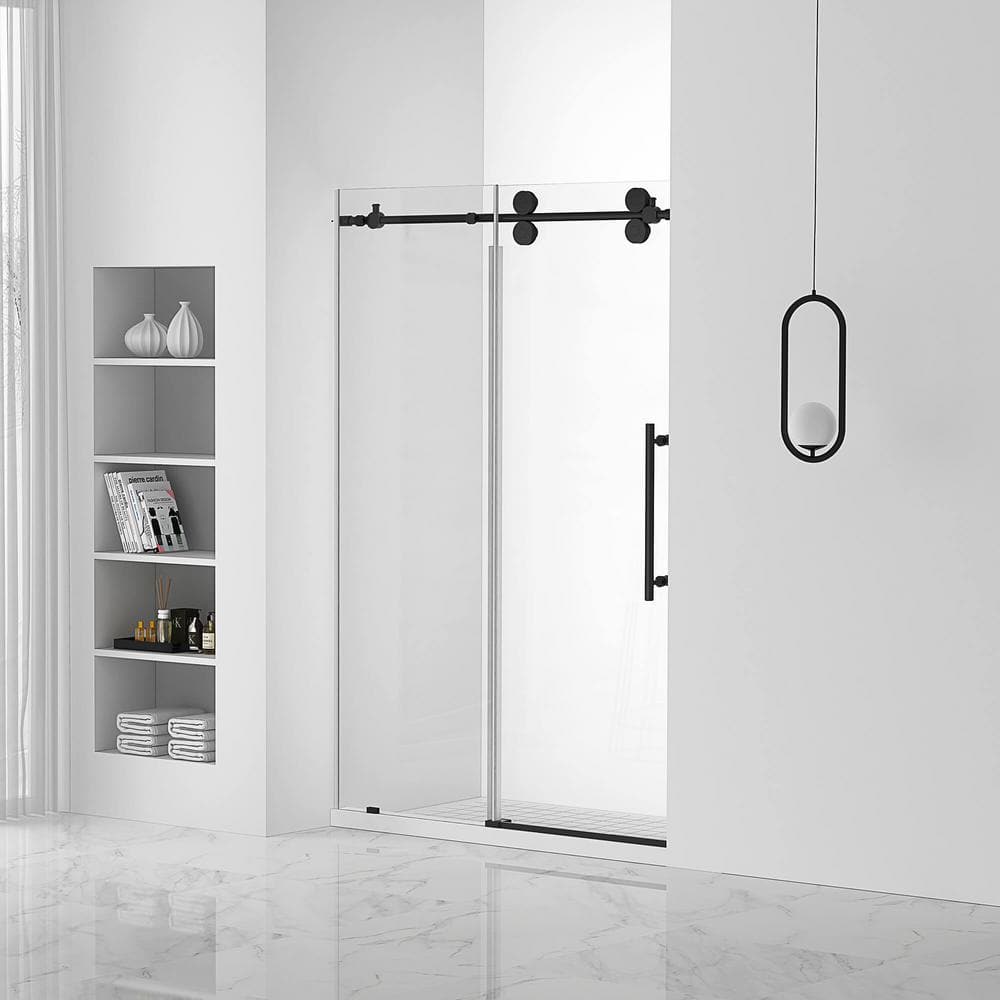 48'' Black Frameless Sliding Shower Door with Tempered Glass