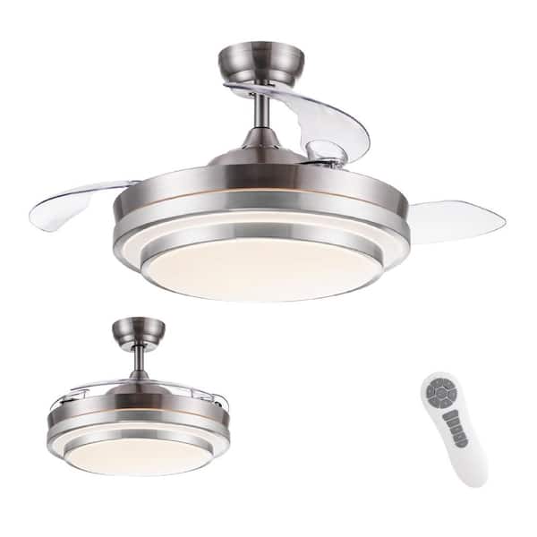 PUDO 42 In. Retractable Integrated LED Indoor Sliver Ceiling Fan Lighting with 3 Blades