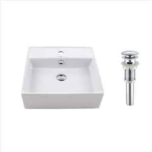 Square Ceramic Vessel Bathroom Sink with Overflow in White and Pop Up Drain in Chrome