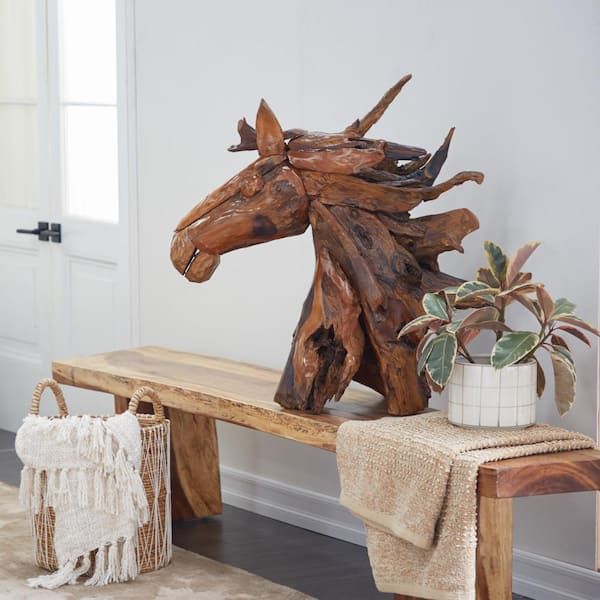 wood carved horse head figure wall hanging decor art wooden plaque Natural