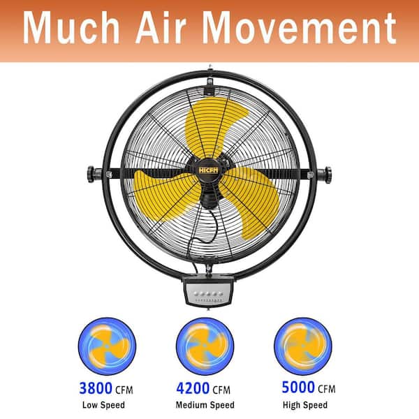 HICFM 20 in. Yellow 5000 CFM Orbital Remote Wall Mounted Fan, 1/5 HP Motor, Timer, Tilt, Oscillating, 3-Speed, UL Listed