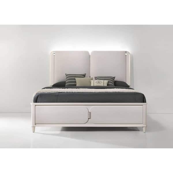 81 in. White Wood Frame Queen Panel Bed with LED Lighting Styled for Luxury Panel Bed Frame with Rich Tone