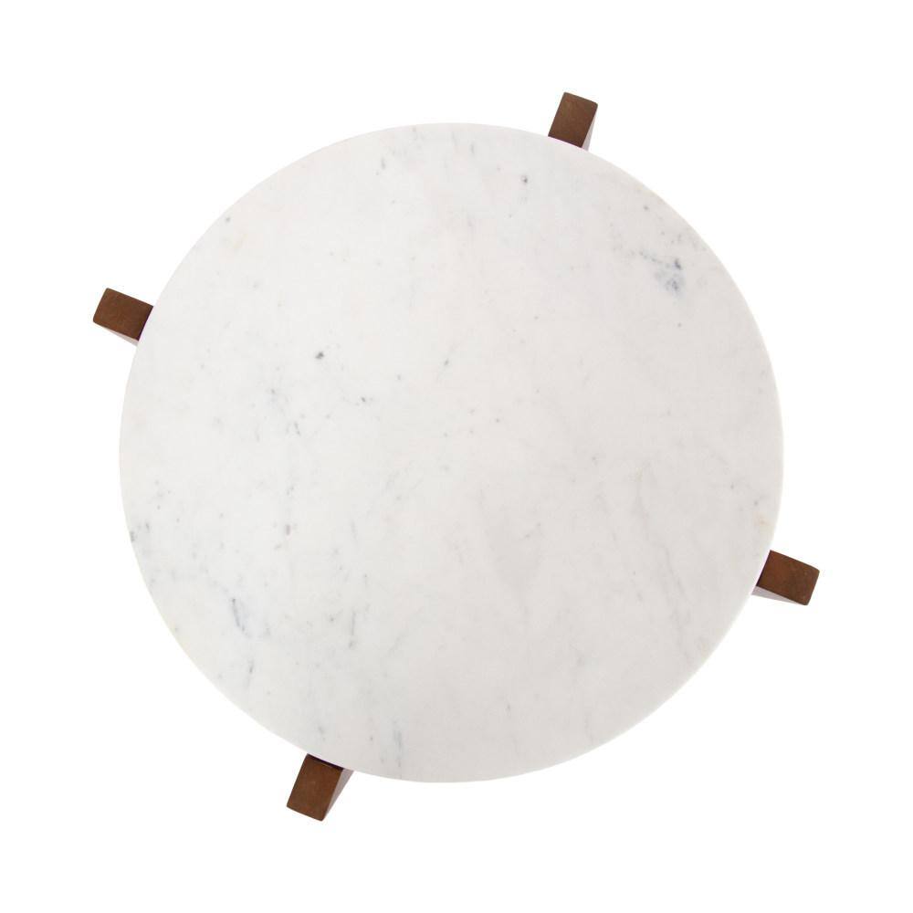 Walnut Brown Round Marble Side Table with Solid Wood Base