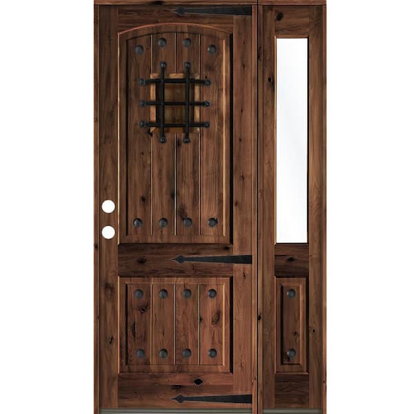 Krosswood Doors 50 in. x 96 in. Medit. Knotty Alder Right-Hand/Inswing Clear Glass Red Mahogany Stain Wood Prehung Front Door w/RHSL