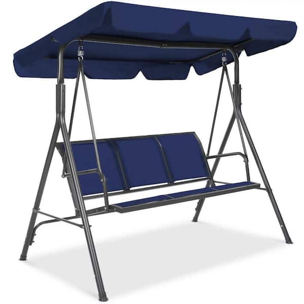 Unbranded 67.5 in. Navy Blue 3 Seat Outdoor Adjustable Canopy Swing Glider Metal Patio Bench with Textilene