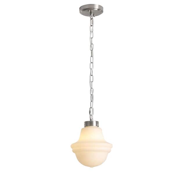 1-Light Silver Nickel/Beige Pendant Hanging Light with Glass Shade for Bedroom