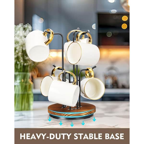 Black Metal Coffee Cup Rack Stand for Countertop with Wooden Base, 360° Rotating Mug Tree for Large Cups with 6 Hooks