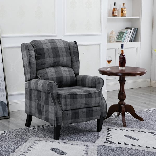 LUCKY ONE Dark Gray Plaid Fabric ModernRecliner with Side Pocket, for Living Room