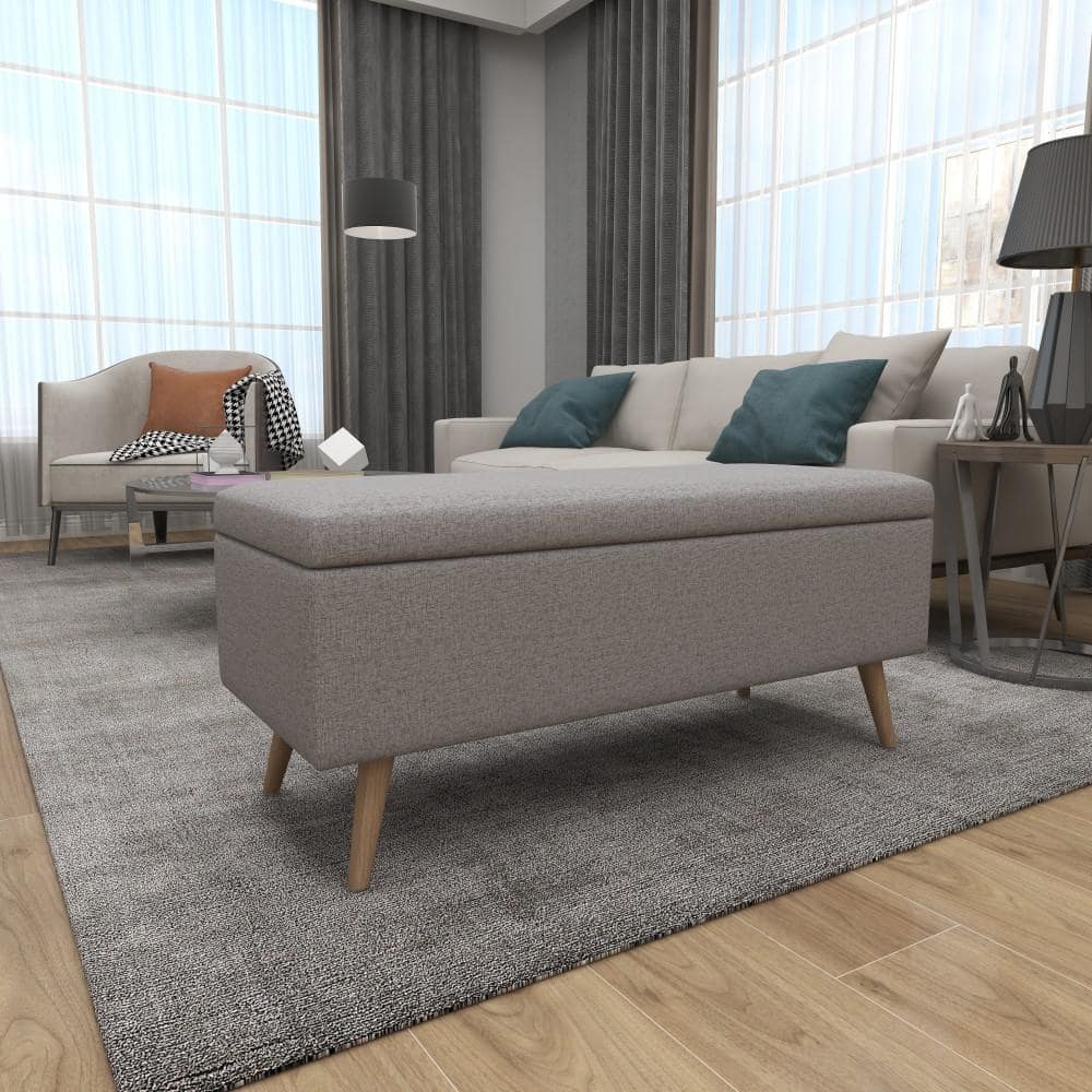 Modern Gray Polyester 42'' Storage Bench with Wooden Legs