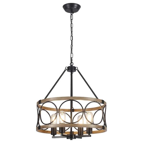 17.12 in. 4-Light Matte Black/Wood Grain Drum Chandelier with Metal Circle Shade and No Bulbs Included For Dinning Room
