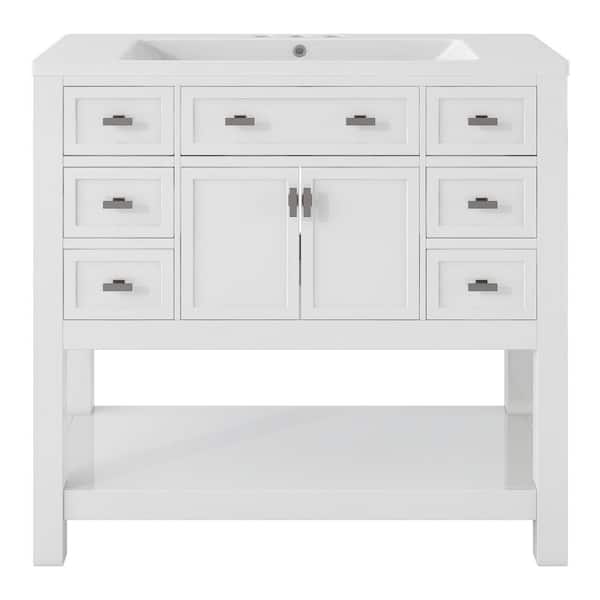 Cesicia 36 in. W x 18 in D. x 34 in. H Bathroom Vanity in White with 2-Soft Closing Doors, 6-Drawers and Single Resin Sink Top