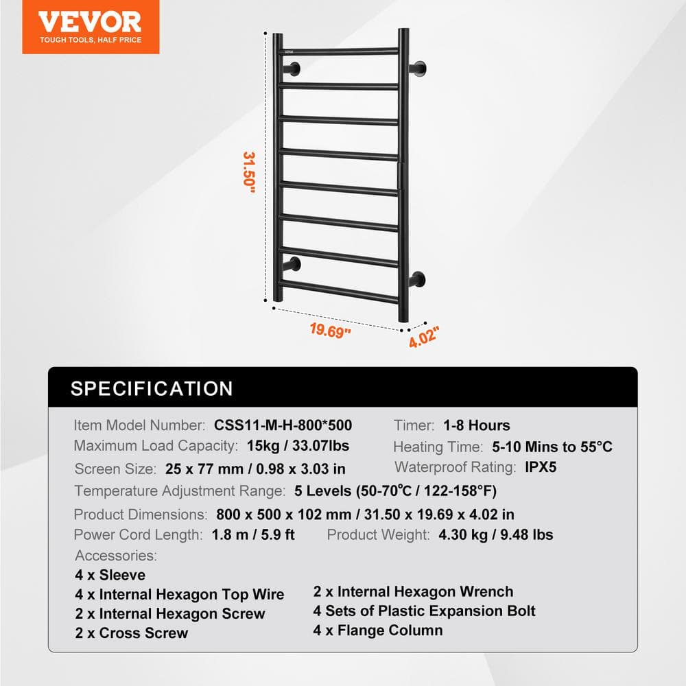 Black Wall Mounted Stainless Steel Heated Towel Rack with Timer