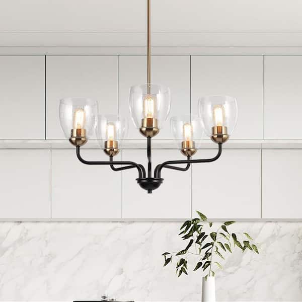 Zevni 24.5 in. 5-Light Modern Black and Brass Pendant Light, Rustic Dining Room Chandelier, Seeded Glass Round Chandelier