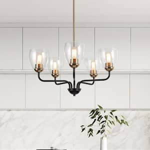24.5 in. 5-Light Modern Black and Brass Pendant Light, Rustic Dining Room Chandelier, Seeded Glass Round Chandelier