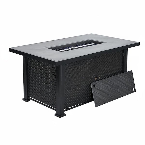52 in. 50,000 BTU Black Outdoor Double Door Rectangular Propane Fire Pit Table with Lid and Lava Rock for Patio Garden