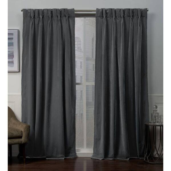 EXCLUSIVE HOME Velvet Soft Grey Solid Light Filtering Triple Pinch Pleat / Hidden Tab Curtain, 27 in. W x 108 in. L (Set of 2)