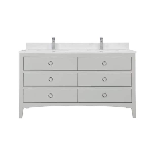 French Contemporary 60 in. 1 Freestanding Silver Strand Bath Vanity w/ White Artificial Stone Top Assembled Bath Vanity