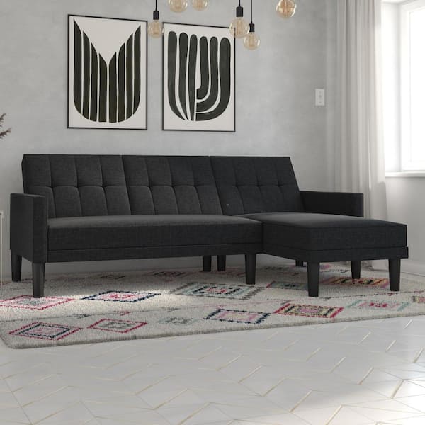 DHP Harlow Dark Gray Linen Small Space Sectional Futon DE21302 The