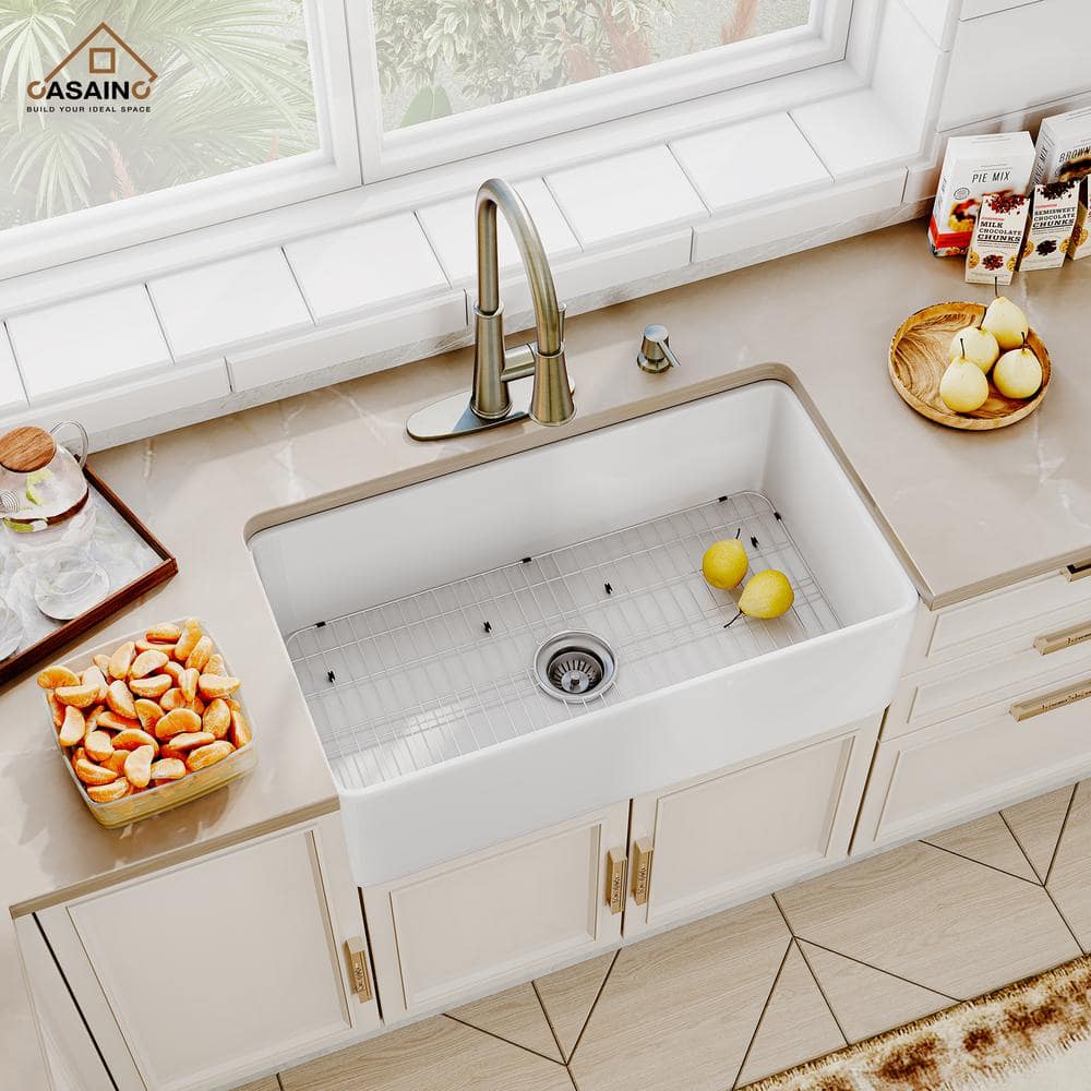30'' White Fireclay Single Bowl Farmhouse Kitchen Sink with Faucet