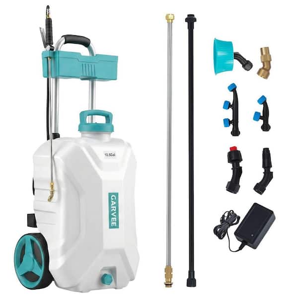 10.5 Gal. Multi-Purpose Battery Powered Electric Sprayer with Wheels, 6 Nozzles and 2 Wands
