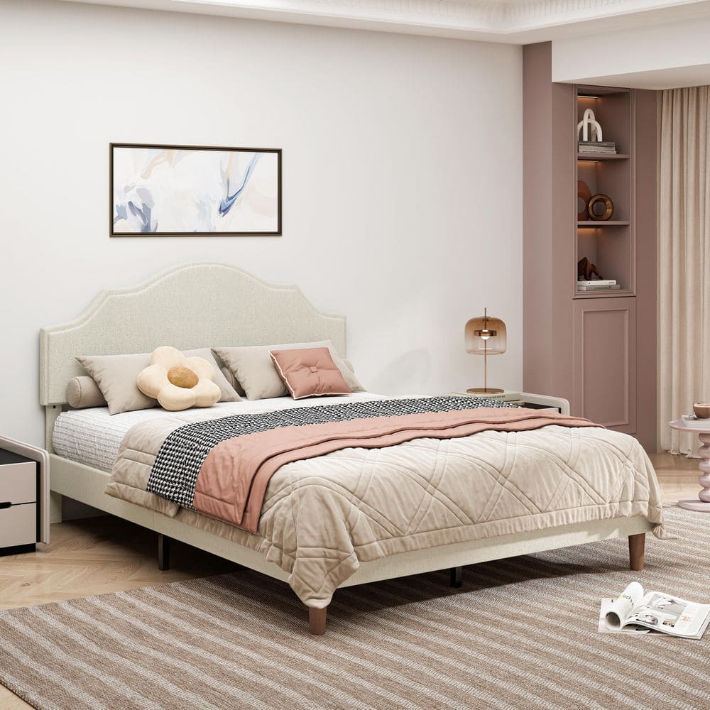 Beige Wood Frame Queen Platform Bed