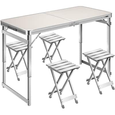Silver Aluminum 3 Adjustable Height Folding Picnic Table with 4 Stools