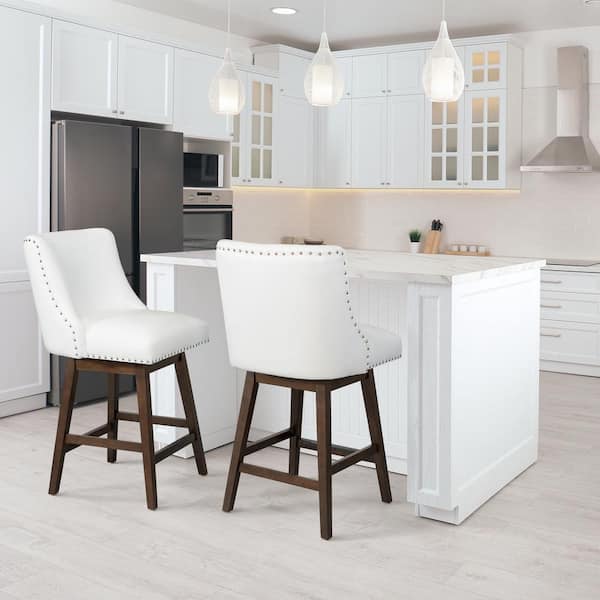 OSP Home Furnishings Bowden 27in. Wood Swivel Counter Stool 2-per Carton in White Faux Leather with Dark Walnut Legs