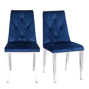 Dark Blue Velvet Fabric Upholstered Dining Chairs Side Chairs Kitchen Chairs for Dining Room with Chrome Legs (Set of 2)