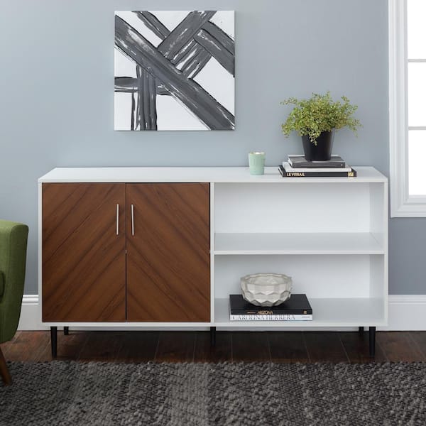 Walker Edison Furniture Company 58 in. Mid-Century Modern Solid White Wood TV Stand with Bookmatch Doors (Max TV Size 65 in.)