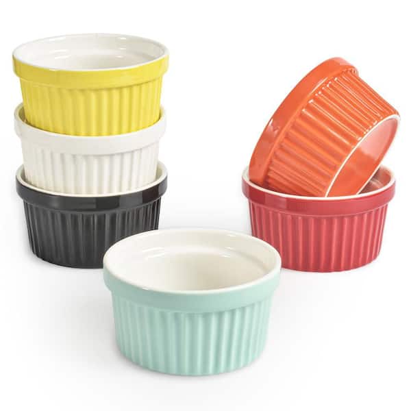 6-Piece Round Porcelain Ramekin Set Ceramic Souffle Cups for Baking Oven Microwave Safe with Multicolor Finish