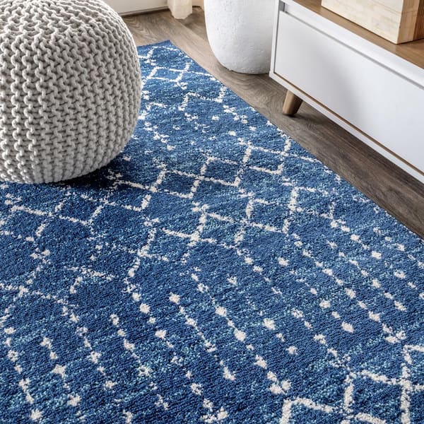 Best Selling Home Decor Langrick Boho Wool and Cotton Scatter Rug, White and Blue | 308775