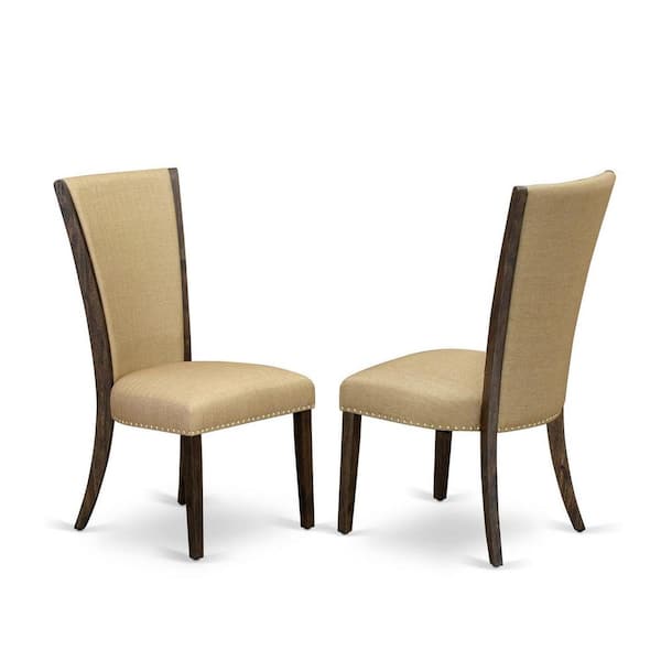East West Furniture Jacobean, Parson Dining Chairs - Nailhead Trim Brown Linen Fabric Upholstered Chairs, Set Of 2
