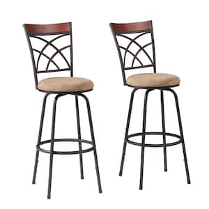 45.5 in. Brown Cushioned Adjustable Height Swivel Bar Stool/Counter Stools Wood Top Rail Backrest (Set of 2)，Metal