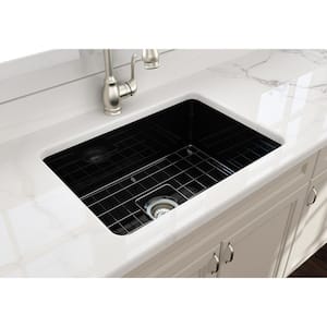 Sotto Undermount Fireclay 27 in. Single Bowl Kitchen Sink with Bottom Grid and Strainer in Black