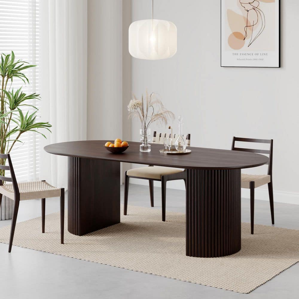 Modern Oval Walnut Wood 79 in. Double Pedestal Dining Table Seats 8