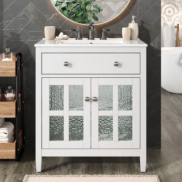 30 in. Freestanding White Bath Vanity with White Ceramic Top and Glass Door Bathroom Storage Cabinet Unassembled
