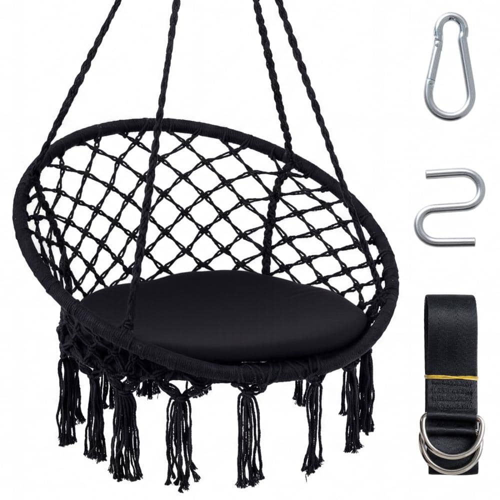 31.5 in. Polyester Cotton Macrame Hanging Hammock Chair with Round Cushion and 330 lb. Capacity, Black