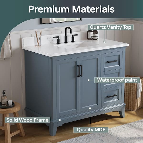 Rawsonville 43 in. Single Sink Freestanding Steel Blue Bath Vanity with White Quartz Top and Backsplash Assembled