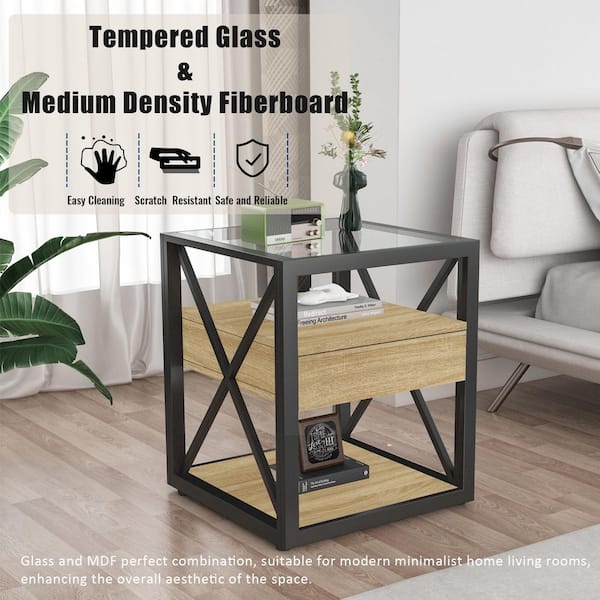 Natural Wood 17.72 in. W Metal X-Frame Rectangle Glass Nightstand /End Table with Drawer (Set of 1)