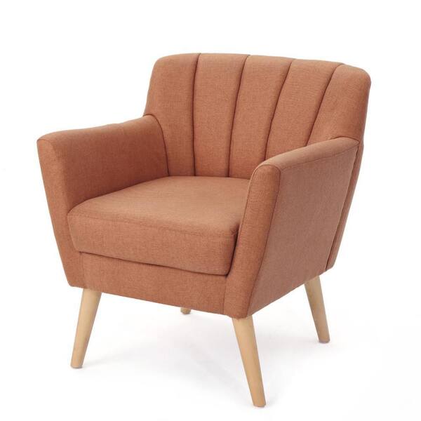 Benjara Rishi Orange and Natural Brown Fabric Accent Chair with Channel Stitching