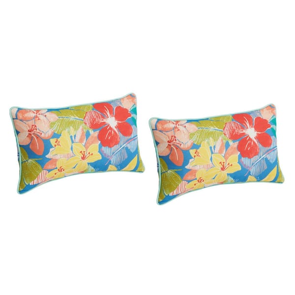 20 in. x 12 in.  Outdoor Patio Lumbar Pillow in Floral Tropical (Set of 2)