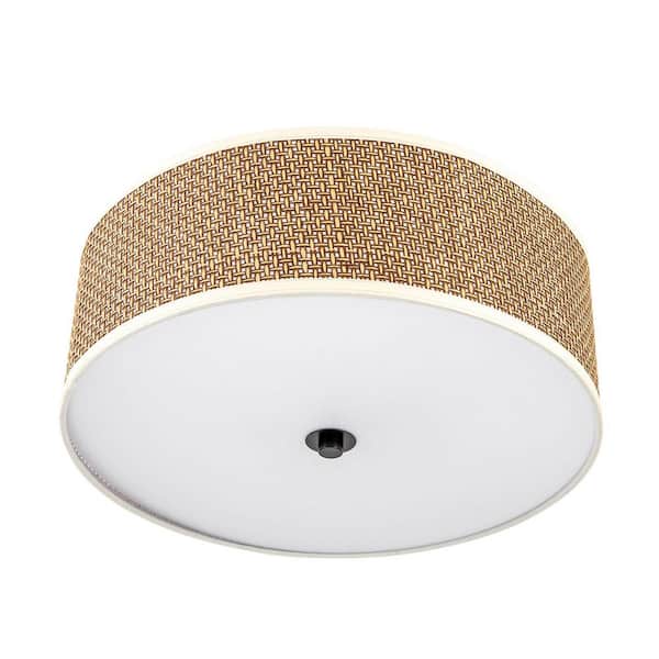 OUKANING 16.9 in. 3-Light Brown Modern Round Rattan Semi Flush Mount Ceiling Light for Bedroom Living Room, No Bulbs Included