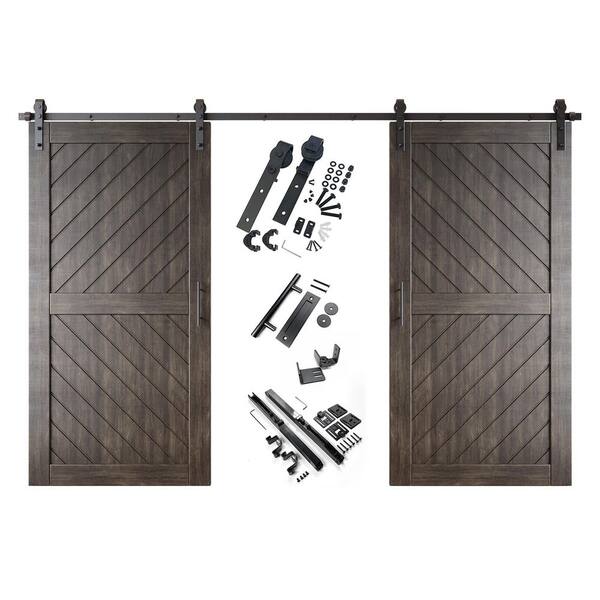 HOMACER XT3 40 in. x 80 in. C-Panel Ebony Slanted Stripe Design Double Pine Wood Sliding Barn Door with Hardware Kit
