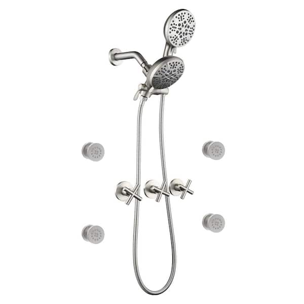 AIMADI Triple Handle 7-Spray Wall Mount Shower Faucet 1.8 GPM with Ceramic Disc Valves Shower Trim Kit in Brushed Nickel