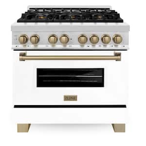 Autograph Edition 36 in. 6 Burner Dual Fuel Range in Stainless Steel, White Matte and Champagne Bronze