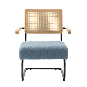 Mid-Century Rattan Backrest Light Blue Boucle Fabric Seat Accent Chair
